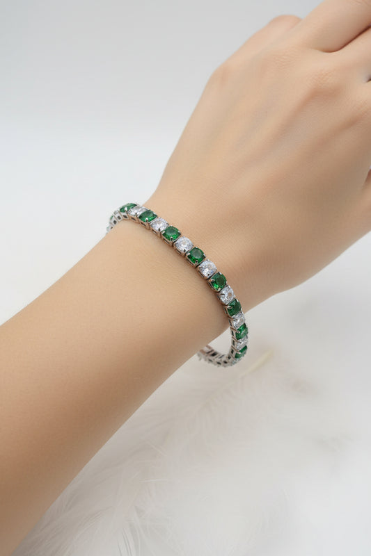 Pulsera Tenis Esmeralda, plata cristal